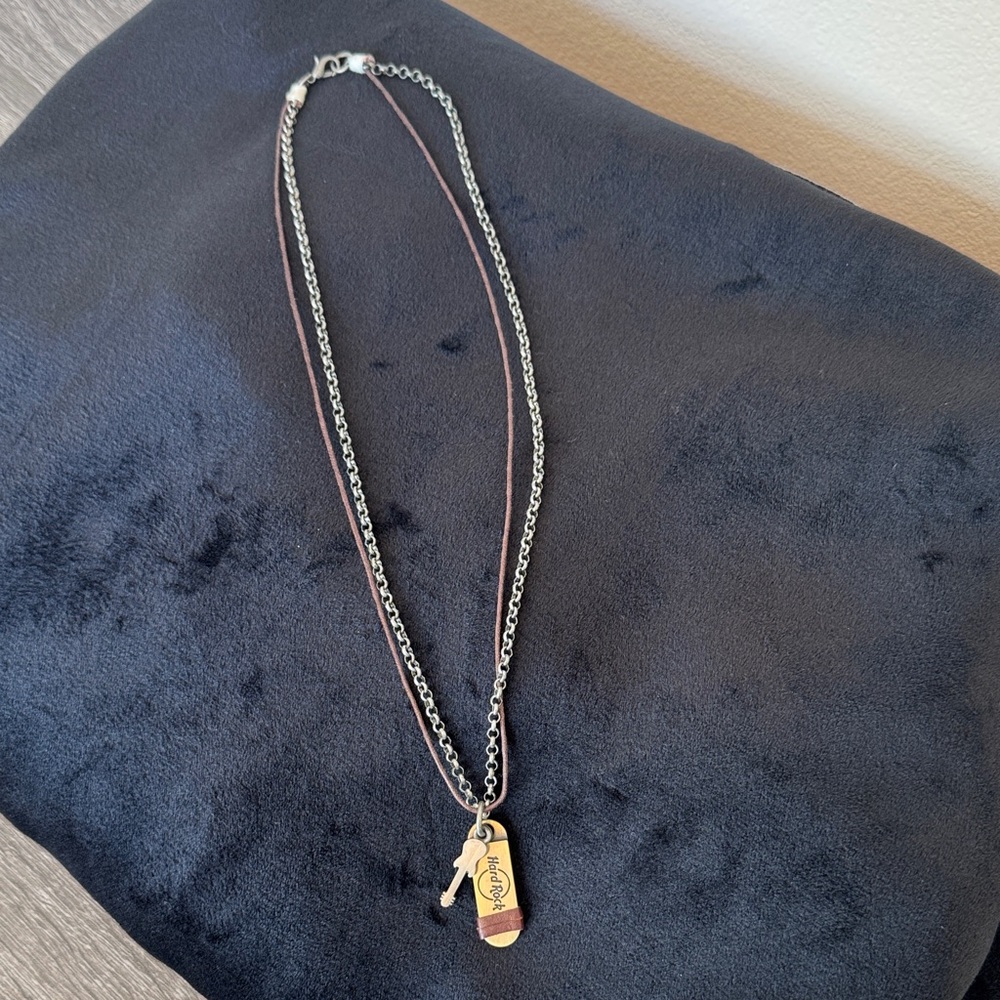 Hard Rock Cafe Silver Chain and Brown Cord Necklace with Pendants